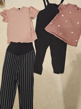Maternity Lot - 3 Tops, Black Striped Pants, Black Pants & Black Overalls Set